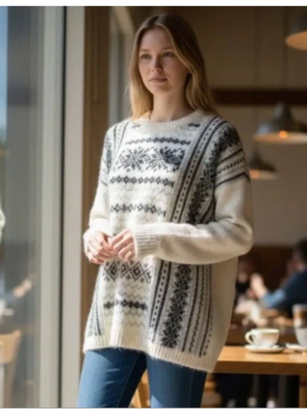 CAbi Cream & Black Fair Isle Crew Sweater